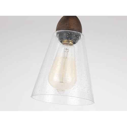 2-Light Rustic Farmhouse Glass Track Flush Mount Ceiling Light Fixture Mini Clear Seeded Glass Shade and Oak Wood Semi Flush Mount Ceiling Light for Kitchen Bedroom Hallway Entryway Sink