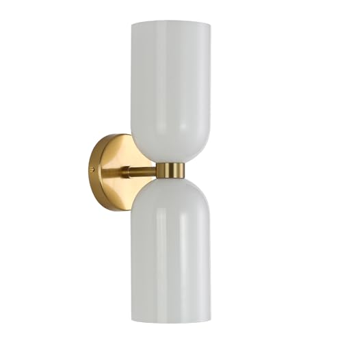 Minimalist 2-Light Gold Wall Sconces with Cylinder Glass Shades- Mid Century Vanity Wall Double Lights Hardwired- Modern Indoor Glass Wall Mounted Art Decor Lights (Milky White, 1 Pack)