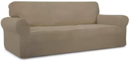 Easy-Going Stretch Oversized Sofa Slipcover 1-Piece Sofa Cover Furniture Protector Couch Soft with Elastic Bottom for Kids, Polyester Spandex Jacquard Fabric Small Checks Natural