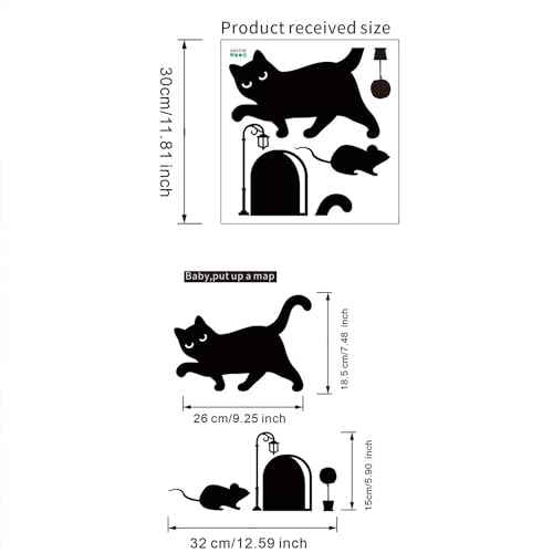 Generic 2 Sheets Black Cat Mouse & Hole Stair Stickers Remove Mouse Hole Wall Decals for Bedroom Living Room Background Home Decor Waterproof Wall Stickers Decorations