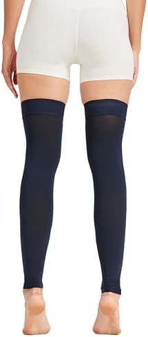 MGANG 15-20 mmHg Compression Stockings for Women & Men, Thigh High Medical Footless Graduated Compression Sleeves with Silicone Dot Band, for Varicose Veins, Edema, Travel, Flight, Navy Blue M