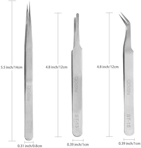 QDiShi Precision Tweezers Set,Upgraded Stainless Steel of Tweezers - Extra Fine,Angled,Blunt Tips for Electronics,Hobby, Industrial,Laboratory Work,Jewelry-Making,Model,Craft(3Pcs)