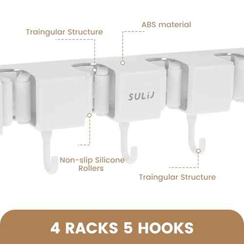 6PCS 4 Racks and 5 Hook Broom Mop Holder with Hooks Wall Mounted Broom Storage Rack No Drilling Self-Adhesive Mop Broom Organizer Mop Holder Hanger for Bathroom Office Kitchen Closet Garage,White