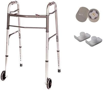 Walker Folding Deluxe 2 Button with Front 5" Wheels and Additional 2 Pair Free Rear Glides for, Adjustable Height (Short, Standard, Tall People) by Healthline Trading