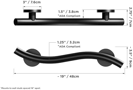 HEALTHCRAFT (2X Pack) Wave Decorative Grab Bars, ADA Compliant Bathroom Safety Bars for Seniors, Wall-Mounted, Supports Up to 500 lbs (Left & Right) (Matte Black, 18 Inch)