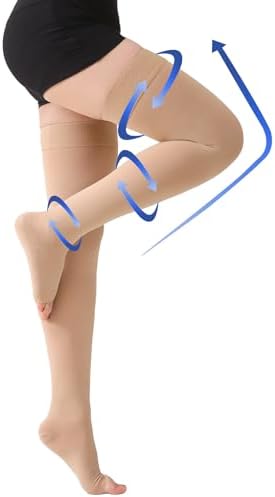 Thigh High Compression Stockings Toeless - Unisex, Opaque, KEKING 15-20mmHg Graduated Compression Leg Support Hose with Anti-Slip Silicone Band - Swelling, Varicose Veins, Edema, Travel,Beige 3X-Large