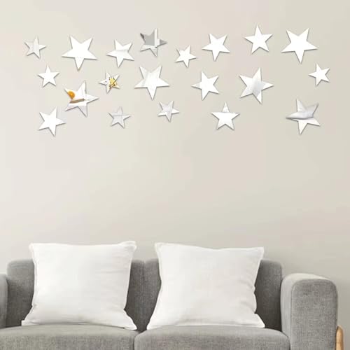 20Pcs Silver Stars Acrylic Mirror Wall Stickers 3 Sizes Stars Stickers with Adhesive Art Decal 3D Wall Decorations for Women and Man Bedroom Home DIY Decor Stickers