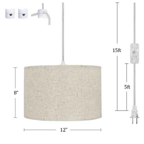 Hanging Lamp Plug in Pendant Light 2 Pack with Remote Control, 15Ft Hanging Lights with Plug in Cord Beige Lamp Shade Plug in Ceiling Light with Cord for Bedroom, Kitchen, Living Room, Dining Table