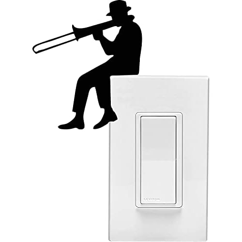 2Pcs Guy Playing Trombone Sitting On Left Side of Light Switch Musical Vinyl Wall Decal 6x5in