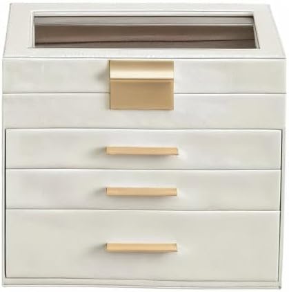 SONGMICS GISELLA Collection - Jewelry Box Organizer, 4-Layer Jewelry Storage with 3 Drawers, Shiny Metal Hardware, Glass Lid, Modern, 6 x 9.9 x 8.5 Inches, Cloud White and Gold Color UJBC161W01