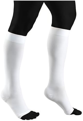 NuVein Medical Compression Stockings, 30-40 mmHg Support, Women & Men Knee Length, Open Toe, White, Medium