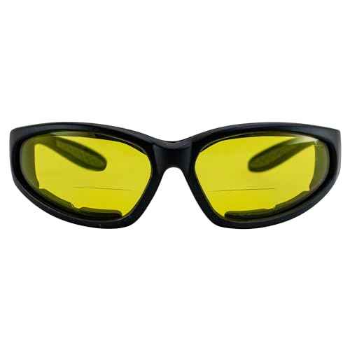Global Vision Hercules Bifocal Motorcycle Safety Glasses Sunglasses 2 Pairs Padded Black Frames Smoke & Yellow Lenses +2.5 Magnification Z87.1