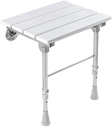 Folding Shower Seat Wall Mounted with Legs, Shower Seat Benches Stool Chair for Inside Shower, Fold Down Shower Seat for Seniors Small Shower Space, Foldable Fold up Waterproof Wood Height Adjustable