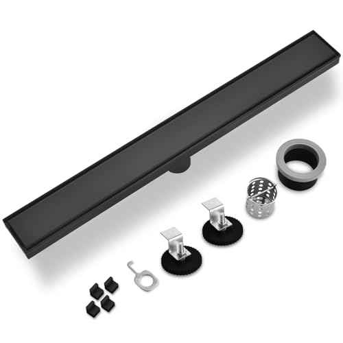 Linear Shower Drain £¬with Tile Insert Panels £¬18 Inch Black 304 Stainless Steel Rectangle Shower Floor Drain£¬with Hair Catcher, Adjustable Feet£¬Fits Bathroom, Balcony