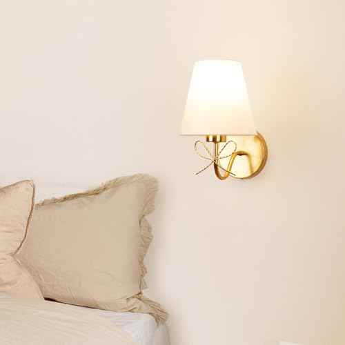 Antique Brass Wall Sconces Set of Two, Bow Sconces Decor Gold Wall Lights Brass Brushed Gold Sconce with Fabric Shade, E26 110V Hardwired Wall Lamps for Girl Bedroom, Living Room, Nursery Room