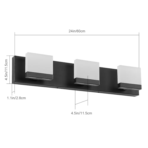 SineRise LED Modern Bathroom Vanity Light Fixtures (3-Light, 24-Inch,6000K), Matte Black Modern Acrylic Bathroom Wall Lighting Fixtures Over Mirror