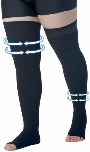 MGANG Medical Thigh High Compression Stockings for Men & Women, Pair, Open Toe, 15-20 mmHg Graduated Compression Support Hose, Opaque, Best for Varicose Veins, Edema, Flight, DVT, Swelling, Black 5XL