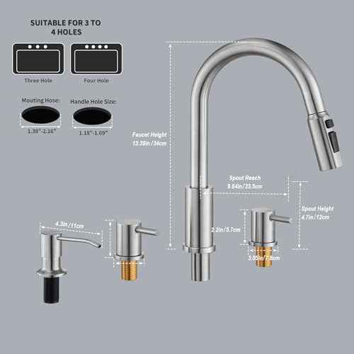Tohlar Kitchen Faucets, Brushed Nickel Kitchen Faucet Pull Down Sprayer Stainless Steel Sink Faucets with Soap Dispenser Commercial Modern Rv Faucets, Llaves para fregaderos de cocina