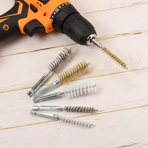 HARFINGTON 5Pcs Nylon Bore Brush 15mm Dia 4" Long Cleaning Twisted Wire Brush with Handle 1/4" Hex Shank for Tubes, Ports, Bearings