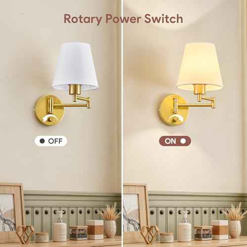 VONLUCE Wall Sconce Set of 2, Plug in & Hardwired Swing Arm Wall Lamps, Adjustable Wall Mounted Lighting Fixtures, Modern Wall Lights with Golden Base White Fabric Shade for Bedside, Hallway, Study