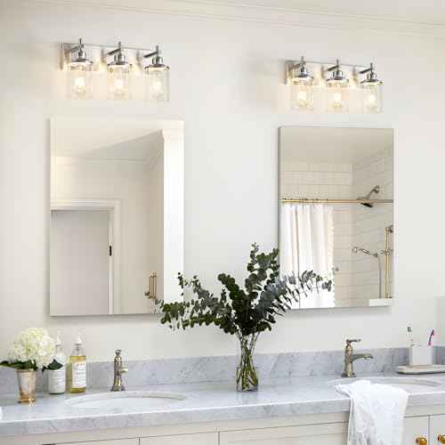 3-Light Brushed Nickel Bathroom Light Fixture Over Mirror Modern Bathroom Vanity Light Vintage Wall Lighting with Clear Glass Shade for Bathroom, Bedroom, Hallway, Cabinet