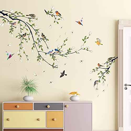 Green Vine Wall Decal White Flowers and Birds on Branch Natural View Wall Sticker DIY Detachable Peel and Stick Wall Art Mural for Living Room Bedroom offcie Home Decor