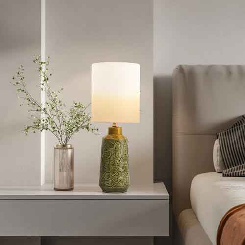 Ceramic Table Lamp Set of 2, 18" Modern Farmhouse Bedside Lamps with Leaf Pattern & White Linen Shade, Nightstand Lamps with Inline ON/Off Switch for Living Room, Bedroom, Dining Room