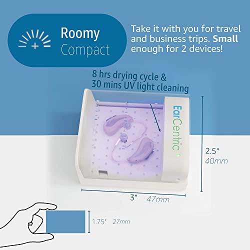 EarCentric RapidDry-UV Hearing Aid Dryer, Dehumidifier Accessory | UV-C Ultraviolet Light Box Kit | Removes Sweat & Moisture from Hearing Aids, Airpods, Wireless Earbuds, Ear Amplifiers