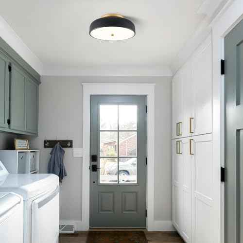 Dimmable LED Ceiling Light Fixture, 2700K-6000K 5CCT Modern Mid-Century Semi Flush Mount Ceiling Light, Black Close to Ceiling Lamp for Kitchen, Laundry Room, Bedroom, Hallway, 11.8in