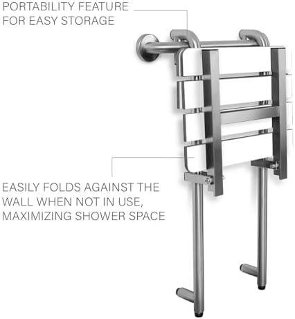Portable Hanging Profile Bench Shower Seat with 18-inch Grab Bar, Grab Bar Supported, Stainless Steel, White