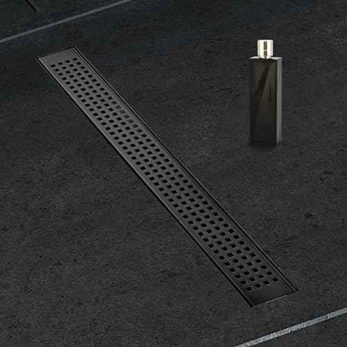 36 Inch Removable Cover Linear Shower Drain 304 Stainless Steel Rectangular Floor Drain for Kitchen Bathroom Square Hole Drain with Accessories Hair Strainer Adjustable Leveling Feet (Matte Black)