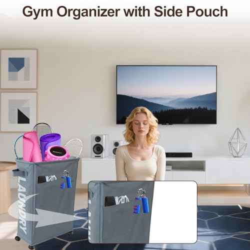 Yoga Mat Storage Rack, Home Gym Corner Storage Organizer with Wheels, Workout Equipment Holder with Side Pocket for Men & Women Gray & Begie