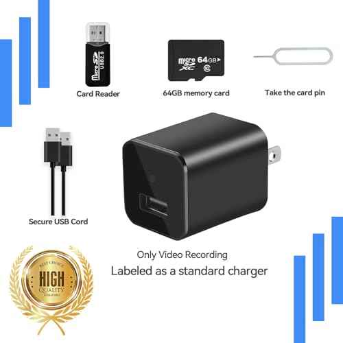 Charger Camera - 1080P Small Camera with Motion Detection - Nanny Cam for Home Indoor Security - 64GB Micro SD Card Included-No WiFi