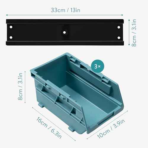 Navaris Storage Bins - Interlocking Plastic Van Boxes - Wall Mounted Compartments for Screws Nails Small Tool Parts - Workshop, Garage, Drawer Shed Bolt Organizer - 3 Bins & 1 Rail
