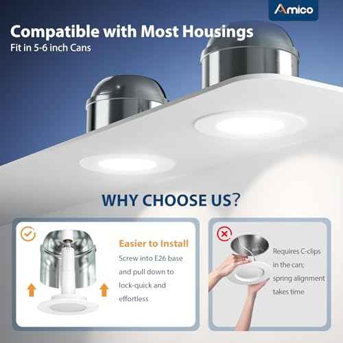 Amico 5/6 inch 5CCT LED Recessed Lighting 6 Pack, 12W=100W, 950LM Adjustable Can Lights, 2700K/3000K/4000K/5000K/6000K Selectable, Dimmable, IC & Damp Rated, Retrofit Installation - ETL & FCC