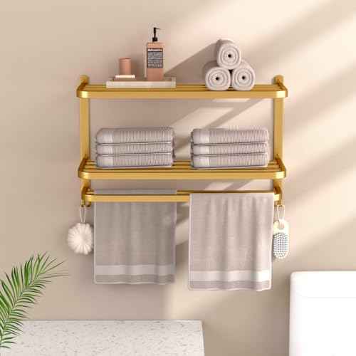 DDS-DUDES 23 Inch 3-Tier Gold Towel Racks for Bathroom with Towel Bars Multilayer Hotel Towel Shelf Stainless Steel Wall-Mounted Brushed Finish Holder with Towel Shelves