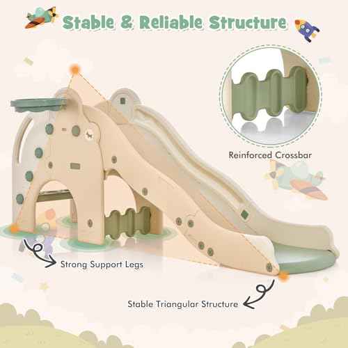 BABY JOY Toddler Slide, Elephant Shape Large Slide for Kids with Basketball Hoop, Buffer Zone & Non-Slip Steps, Freestanding Kids Slide Set for Indoors Boys Girls Over 18 Months Old Gifts Present