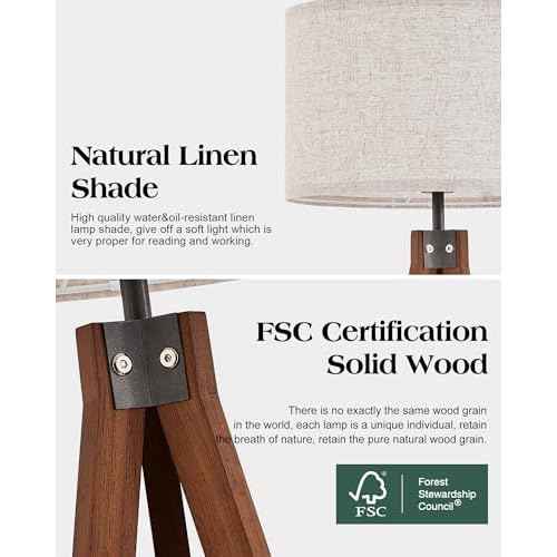 ELYONA Solid Wood Tripod Floor Lamp with 3 Color Temperatures LED Bulb, Mid Century Modern Reading Standing Light Nature Linen Shade Tall Night Light for Bedroom Living Room Office Study Room, Brown