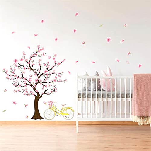 Cherry Tree Wall Sticker Cherry Blossom Tree Wall Decals Large Trees Sticker Peel and Stick Floral Trees Decals Pink Flower Stickers for Girls Room Bedroom Nursery