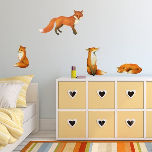 PLIGREAT 4 Pcs Lifelike Red Foxes Wall Stickers, Removable Vinyl Peel and Stick Wall Decals for Nursery Bedroom Playroom Living Room Home Indoor DIY Wall Art Decor TV Background Wall Decoration
