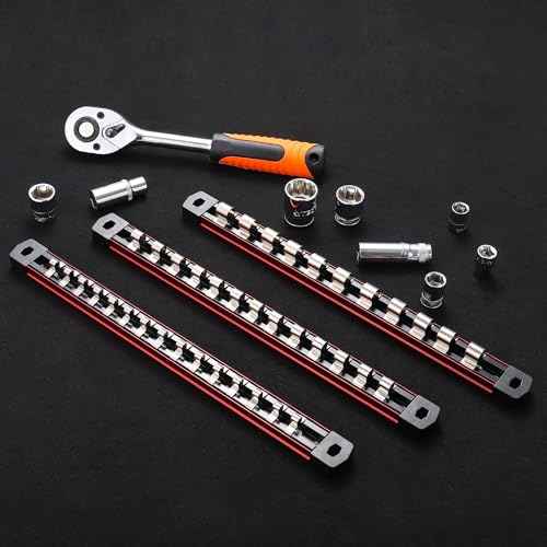 ALOANES 3-Piece Magnetic Socket Organizer, Heavy Duty Aluminum Socket Rails Organizer, Socket Rail Holder for Tool Box, 1/4-Inch Socket Holder x 45 Stainless Clips (Red)