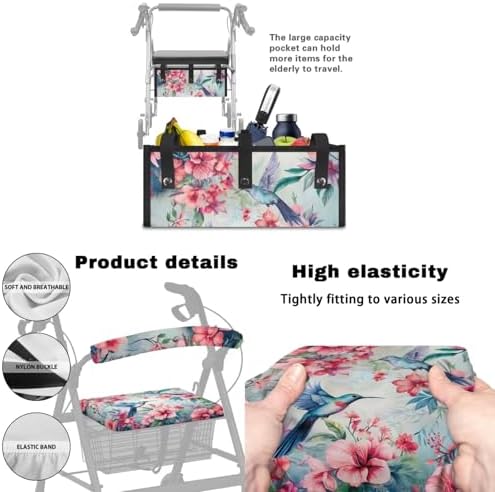 LedBack Mobility Scooter Accessories for 3 Pcs, Hummingbird Pink Flowers Rollator Walker Seat and Backrest Covers Under Seat Rollator Walker Bag for Seniors