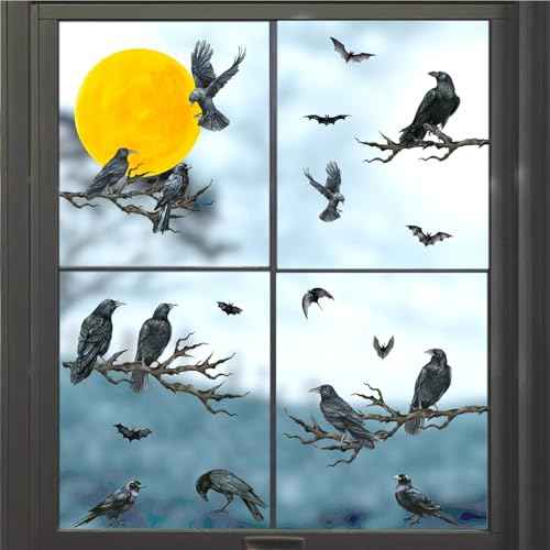 Halloween Crow Wall Decals Black Raven Tree Branches Decals Moon Bat Crow Window Stickers Moon Tree Branch Gothic Halloween Wall Stickers Raven Crows Wall Window Decorations