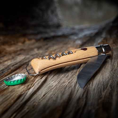 Opinel No. 10 Stainless Steel Corkscrew Wine and Cheese Folding Knife, Integrated Corkscrew + Bottle Opener, Beechwood Handle - Picnic Pocket Knife Made in France (Updated Version)