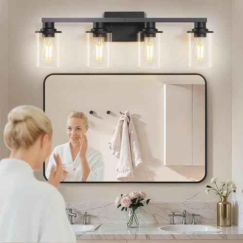 L LOHAS LED 4-Light Bathroom Vanity Lights Over Mirror, 27 Inch Black Bathroom Light Fixtures with Clear Glass Shade, Modern Vanity Lights for Living Room Hallway Bedroom