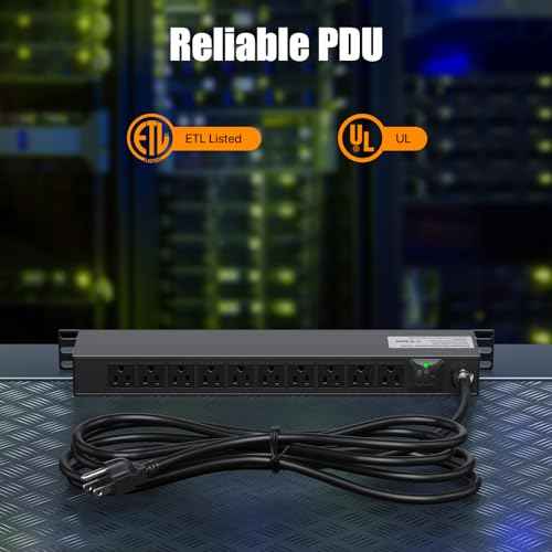 10 Outlet Rack Mount Power Strips with Individual Switch,1U Rack Mount PDU Power Strip for Network Server Racks - Surge Protection - 110V/15A - 6ft Power Cord