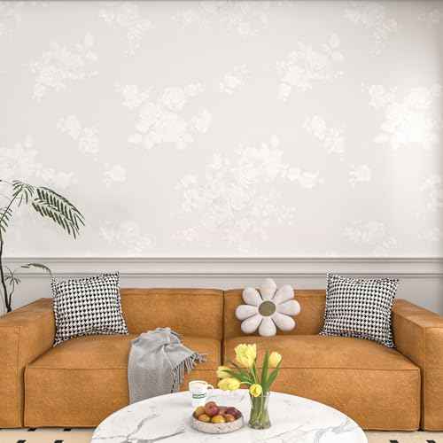 Livelynine White Wallpaper Peel and Stick Floral Texture White Contact Paper for Cabinets Removable Vinyl Kitchen Cabinet Covering Paintable Textured Wallpaper for Walls Bathroom Ceiling 15.8x78.8"