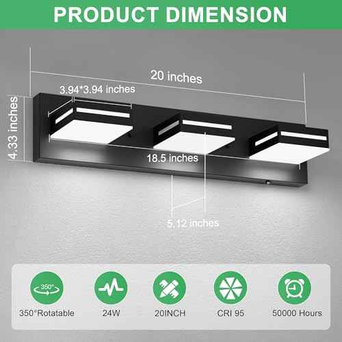 Sailstar LED Modern Bathroom Vanity Light Fixture, 5CCT 24W 3-Light Bathroom Lighting Fixtures Over Mirror, Dimmable Acrylic Vanity lights with Rotatable Heads, 20" Matte Black Bath Room for Over Sink