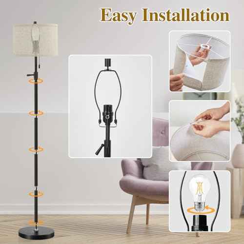 GyroVu Black Floor Lamp, Height Adjustable Standing Lamp Tall Lamp with Fabric Lampshade&Pull Chain Corner Floor Lamps for Living Room, Bedroom & Office Bulbs Not Included(Black Base)