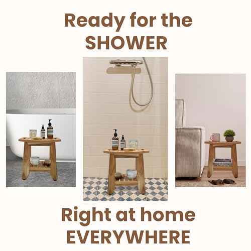 Teak Shower Bench Stool, 14'' Compact Waterproof Wood Spa Bath Bench with Storage Shelf & Handle, Non-Slip Solid Teak Shower Seat Chair for Small Bathrooms Inside Shower and Outdoor Use